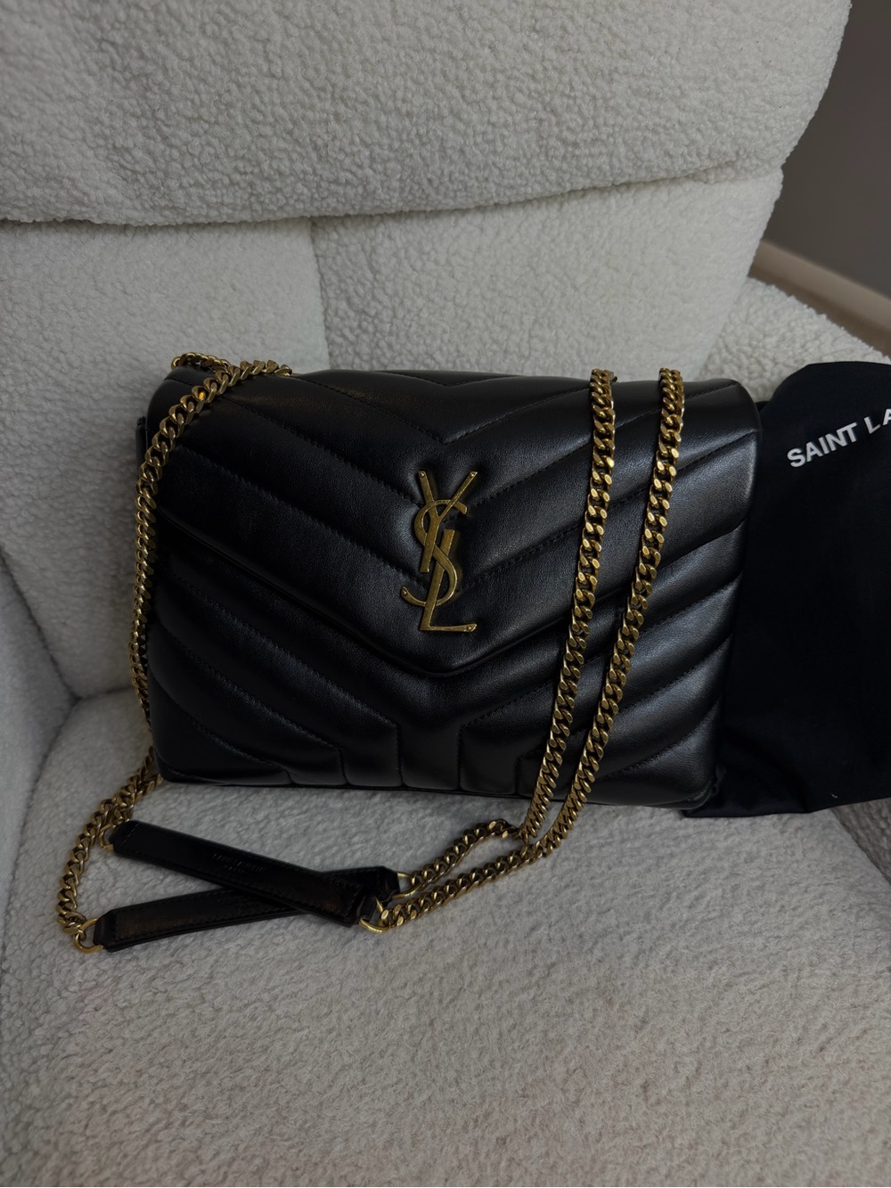 Saint Laurent Medium Loulou Black Quilted Leather Shoulder Bag with Gold Chain